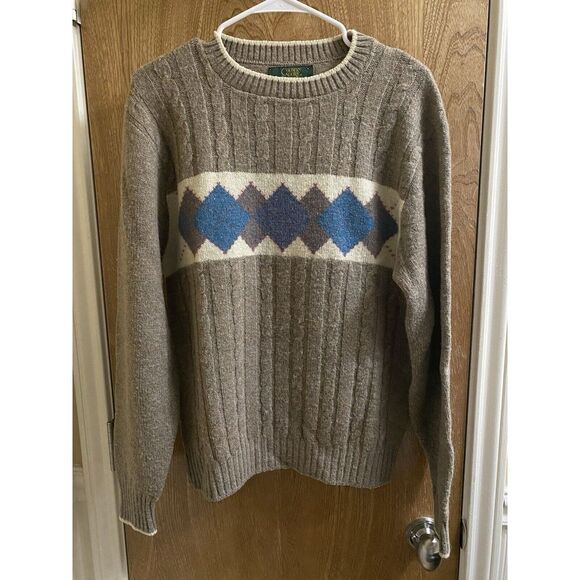 Vintage Country Squire By Jantzen Light Brown Wool Sweater Blue Argyle Print M - Picture 1 of 12